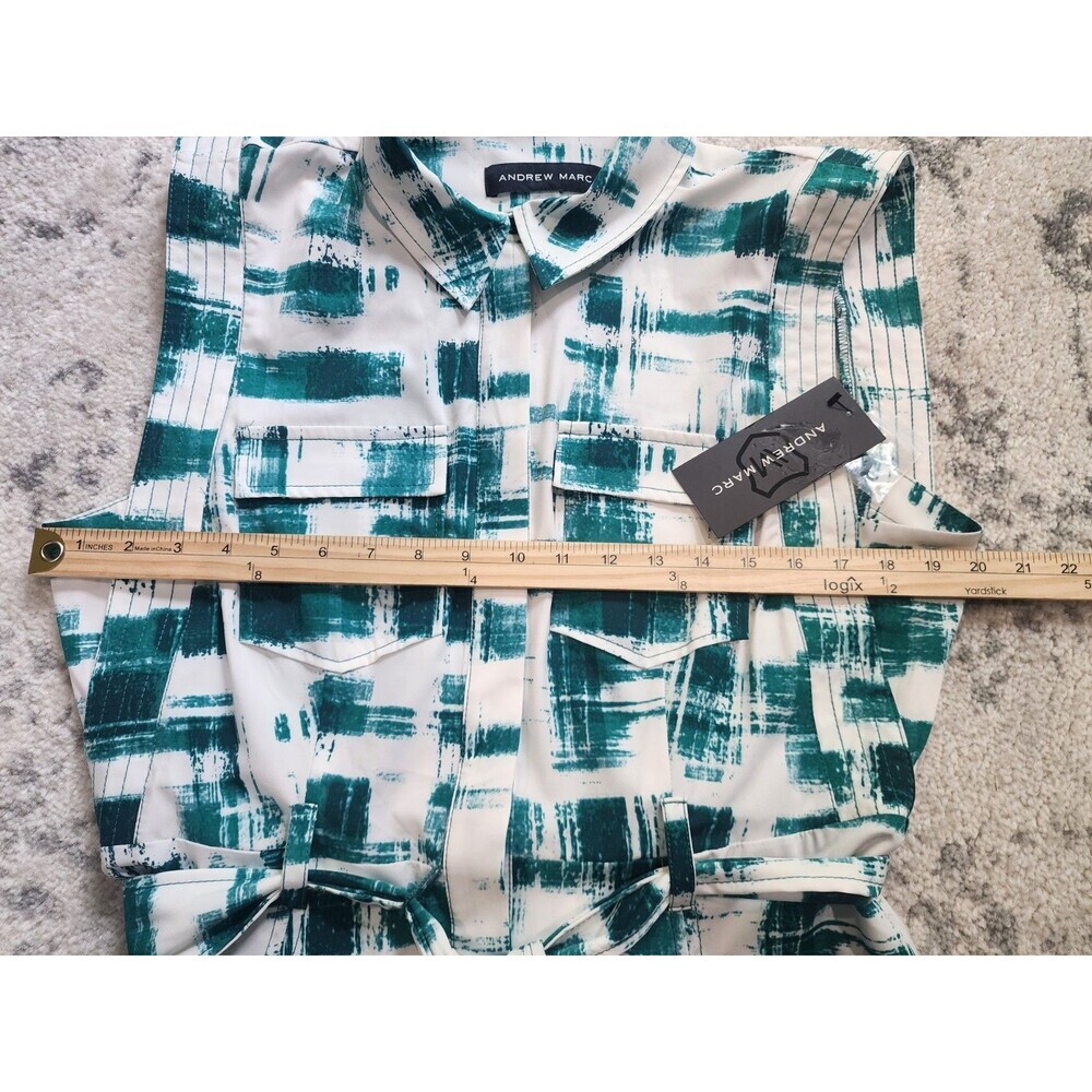 NEW ANDREW MARC WOMENS BELTED SHIRT DRESS SIZE 10 Green White Button Up - Picture 4 of 12